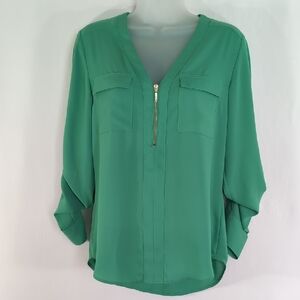 Express Green Blouse Top w Partial Zip Front & Convertible Button-Tab Sleeves S